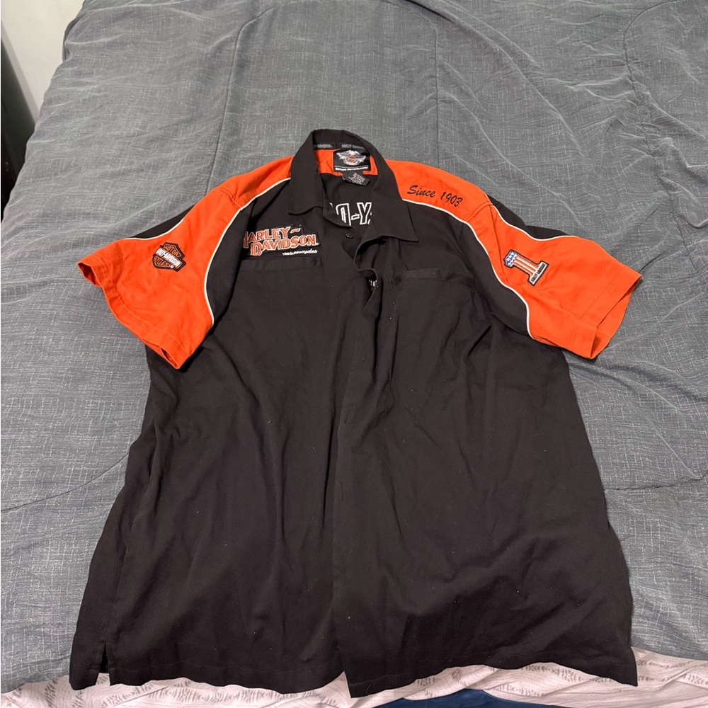 Harley Davidson Mens Button Up Shirt Short Sleeve Double Sided Black/orange